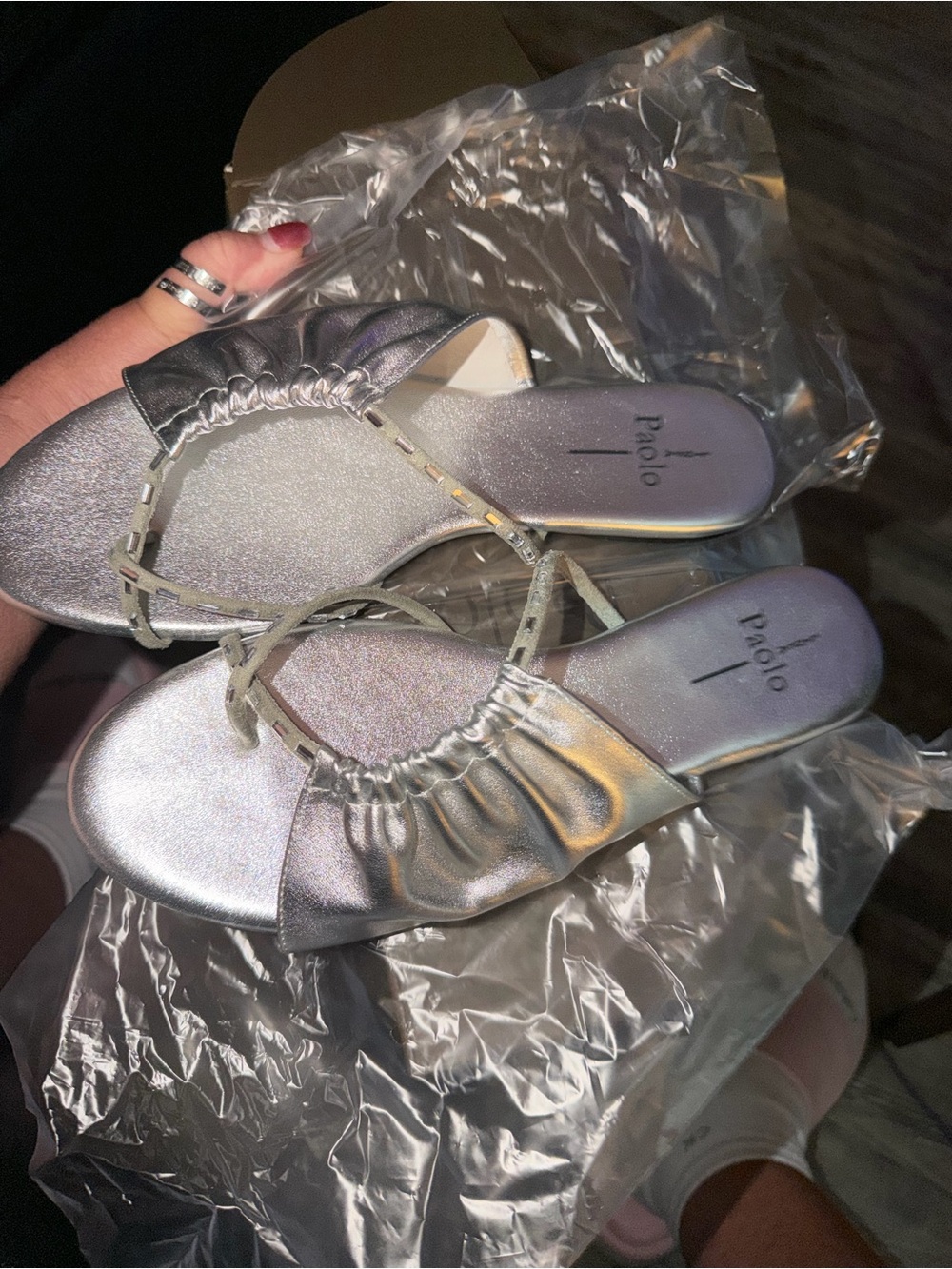Linea Paolo Metallic Silver Ruched Strap Slide Sandals